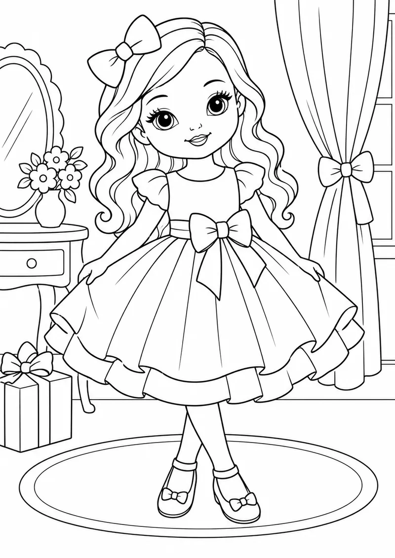 Boneca com vestido de festa e sapatos para colorir