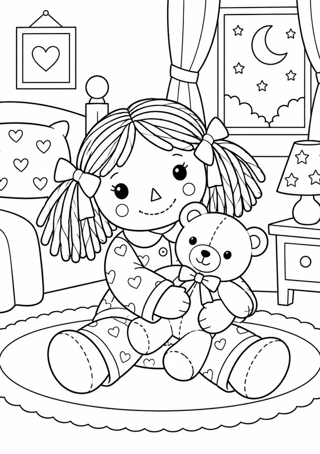 Boneca de pano com pijama e ursinho para colorir