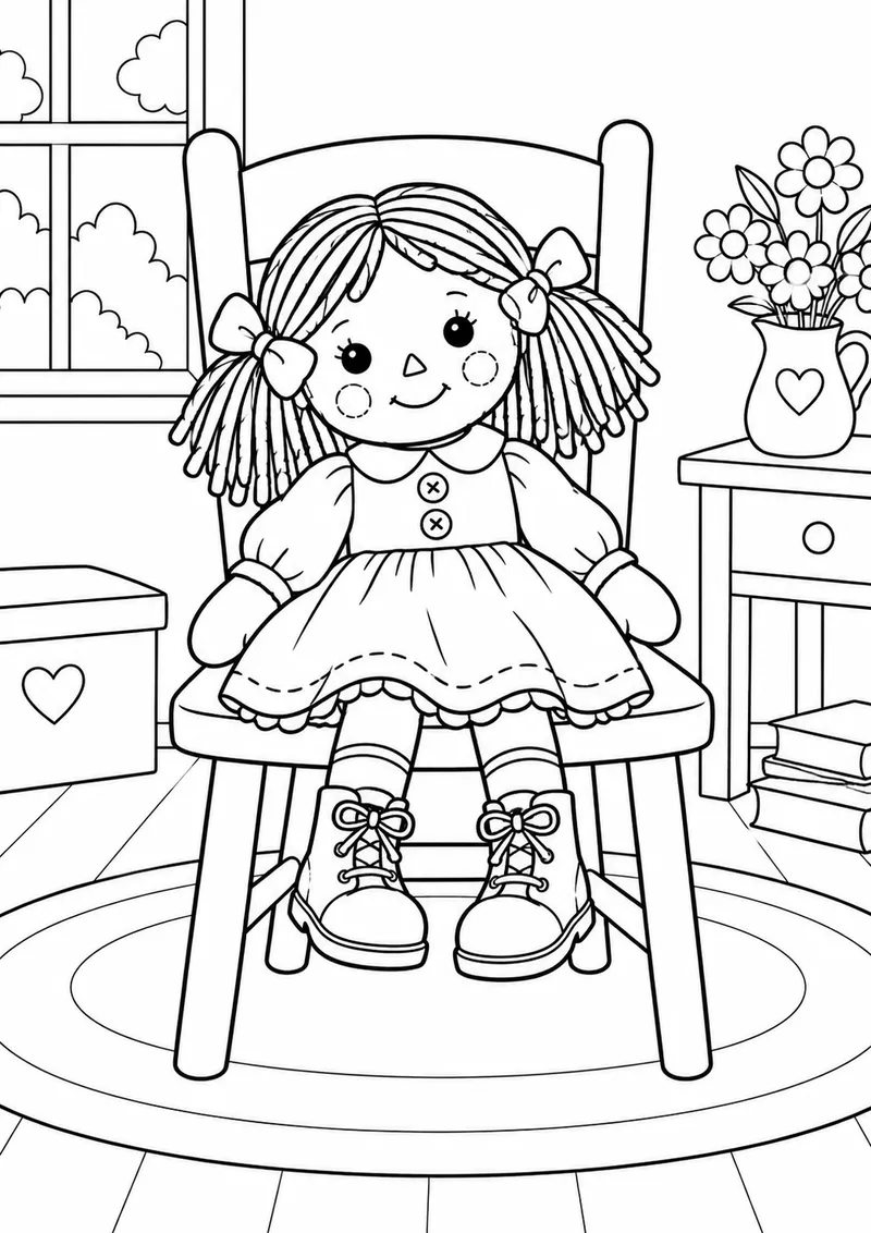 Boneca de pano com vestido e botas numa cadeira para colorir