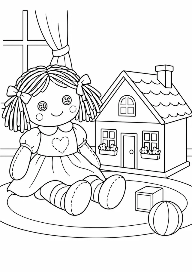 Boneca de pano junto a uma casinha de brinquedo para colorir