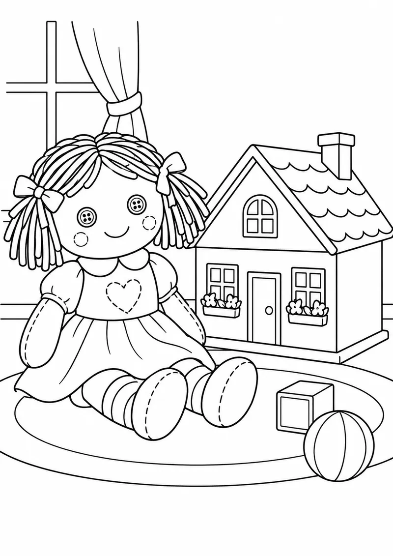 Boneca de pano junto a uma casinha de brinquedo para colorir