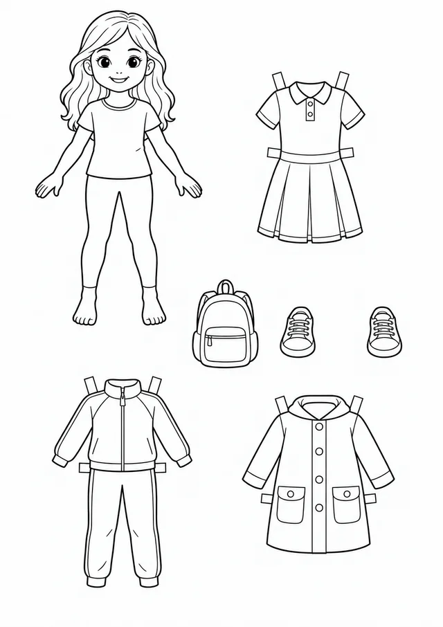 Boneca de papel com roupas de escola para colorir
