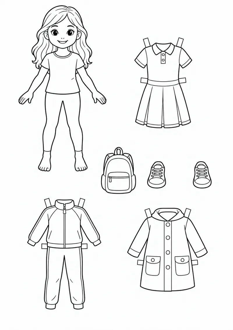 Boneca de papel com roupas de escola para colorir