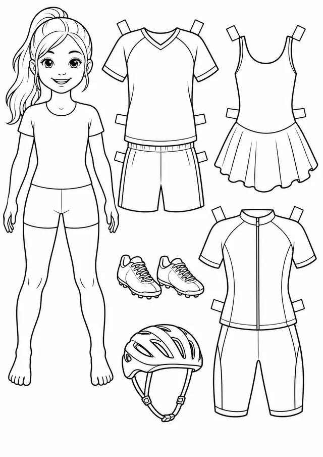 Boneca de papel com roupas de esporte para colorir