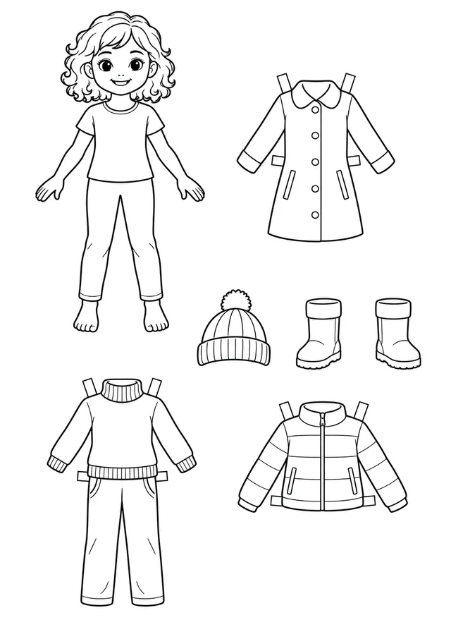 Boneca de papel com roupas de inverno para colorir
