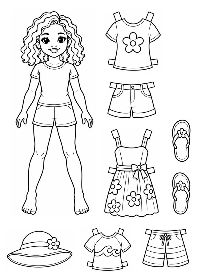 Boneca de papel com roupas de praia para colorir
