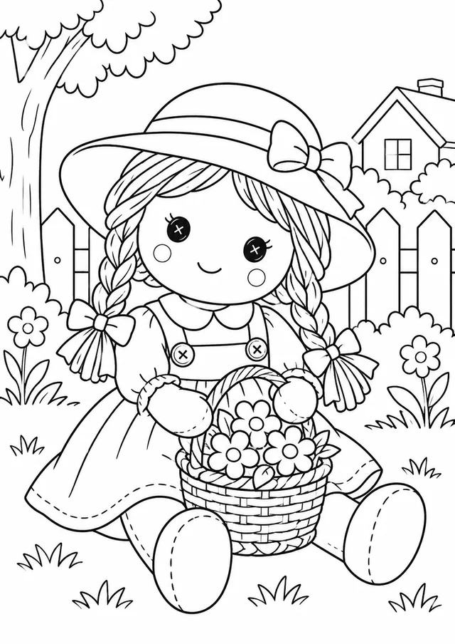 Boneca de tecido com chapéu e cesta para colorir