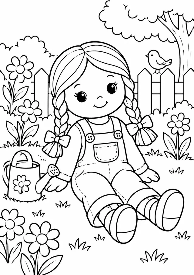 Boneca de tranças com macacão no jardim para colorir