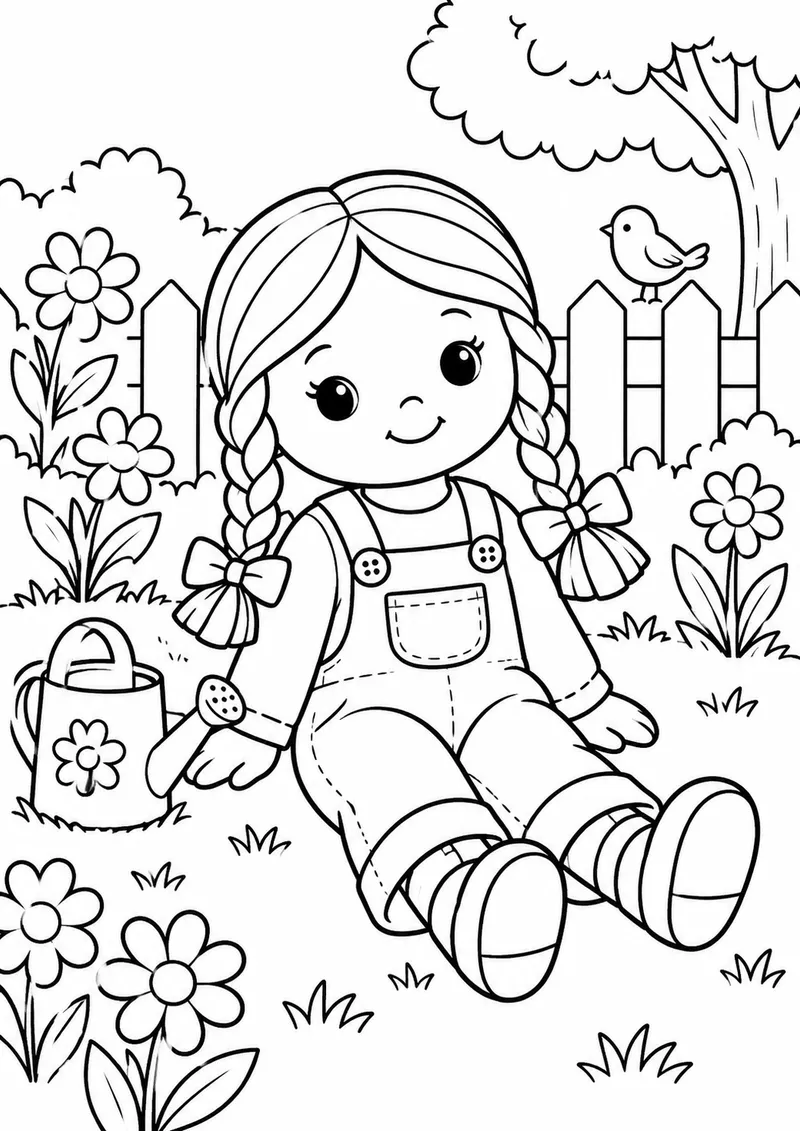 Boneca de tranças com macacão no jardim para colorir
