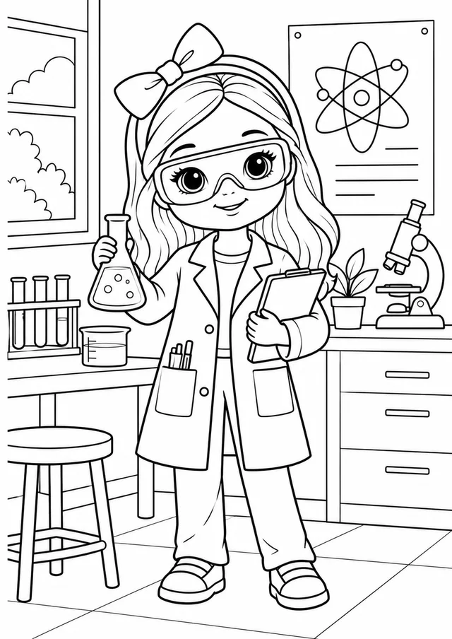 Boneca vestida de cientista com acessórios para colorir