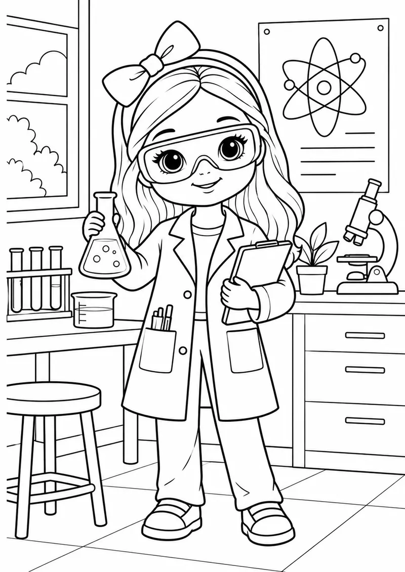 Boneca vestida de cientista com acessórios para colorir
