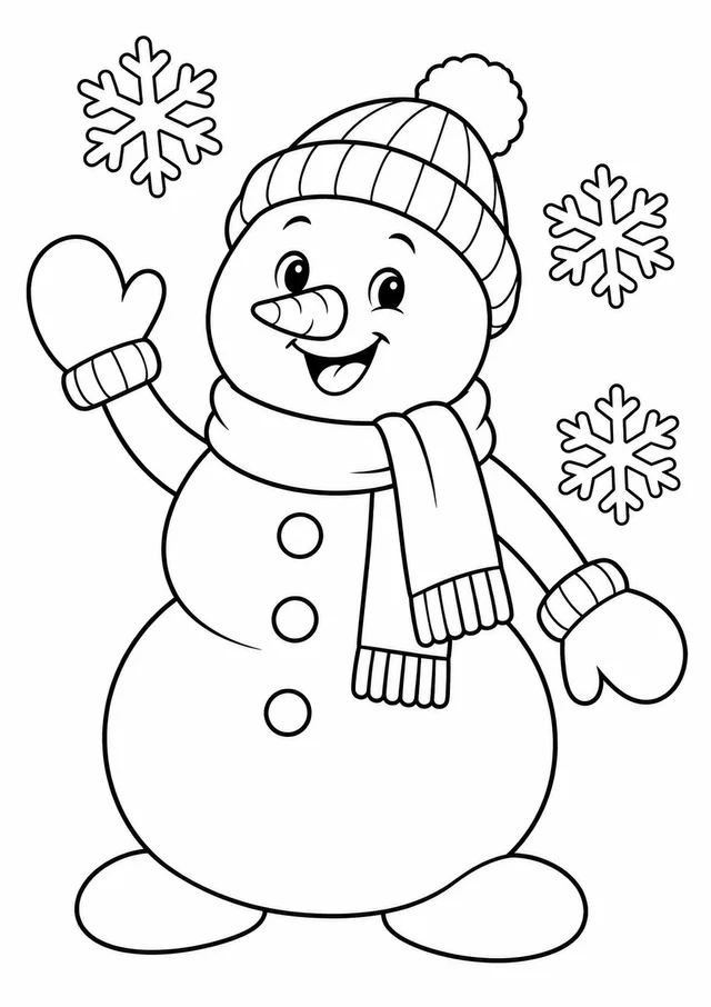 Boneco de neve com gorro e luvas para colorir