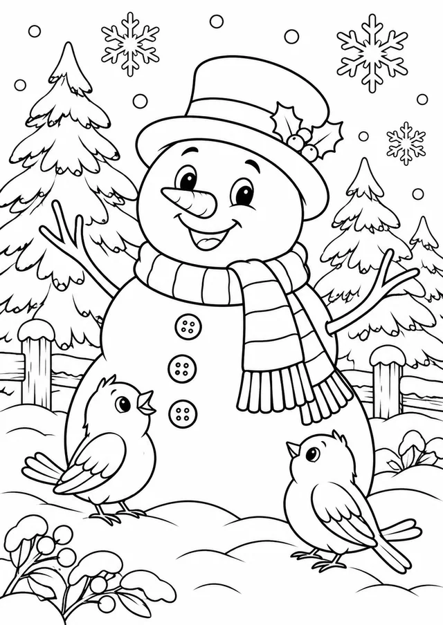 Boneco de neve e passarinhos para colorir