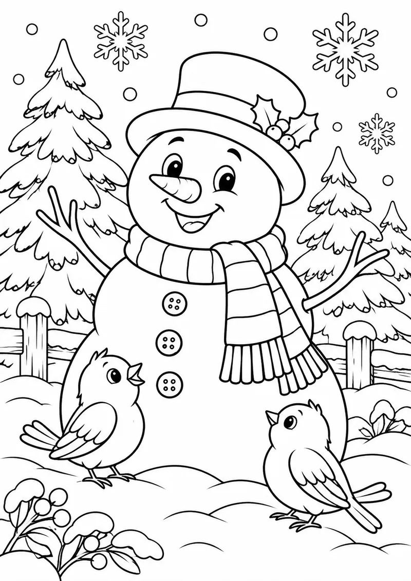 Boneco de neve e passarinhos para colorir