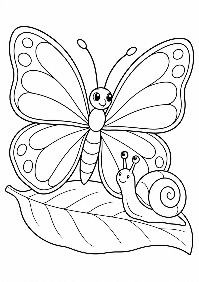 Borboleta e caracol numa folha para colorir