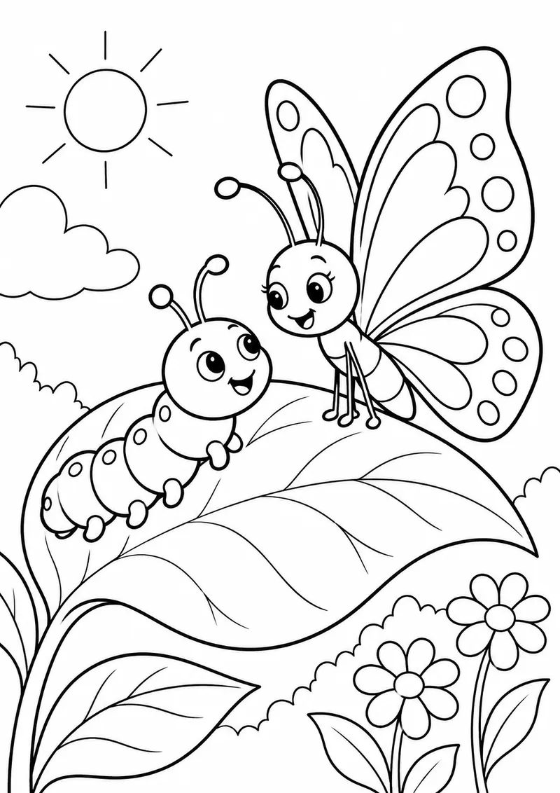 Borboleta e lagarta numa folha para colorir