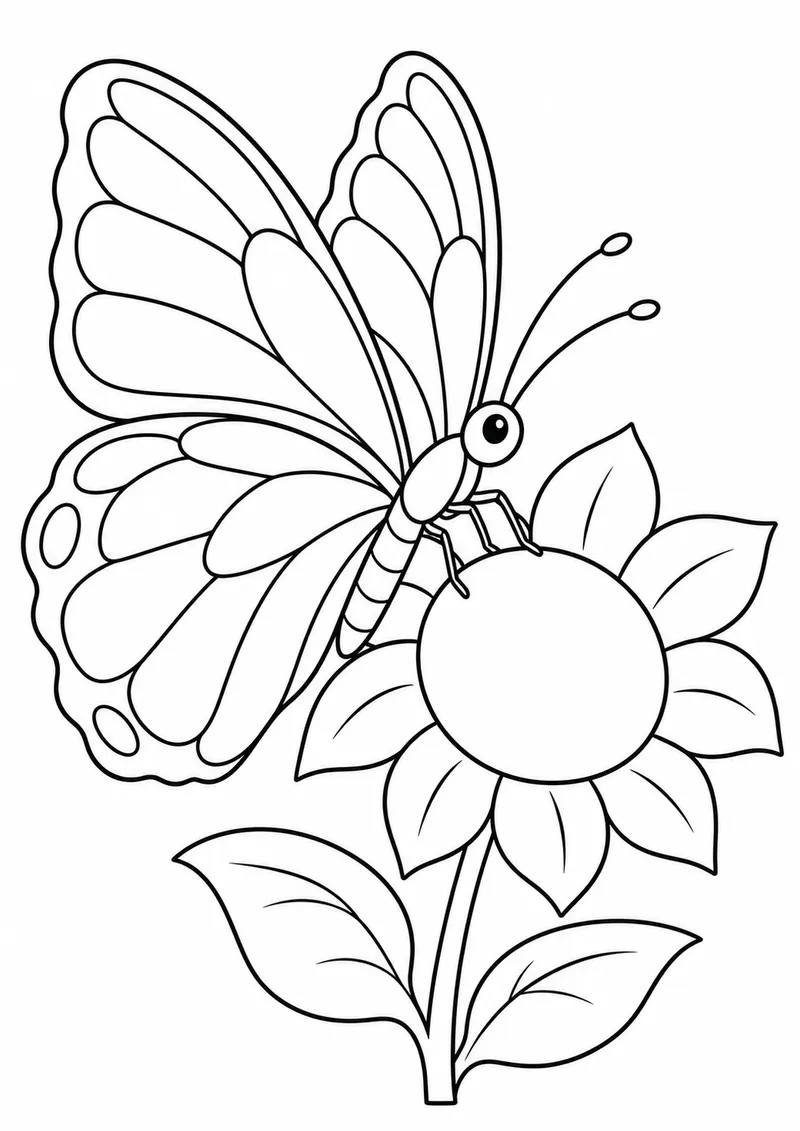 Borboleta junto a um girassol grande para colorir