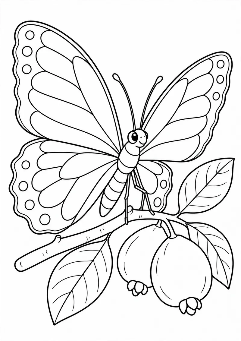 Borboleta num galho de goiabeira para colorir