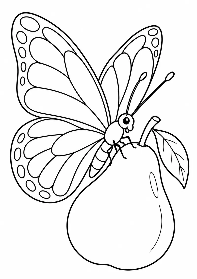 Borboleta pousada numa pera para colorir