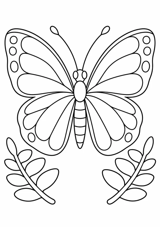Borboleta sobre folhas de samambaia para colorir