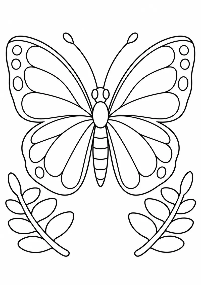 Borboleta sobre folhas de samambaia para colorir