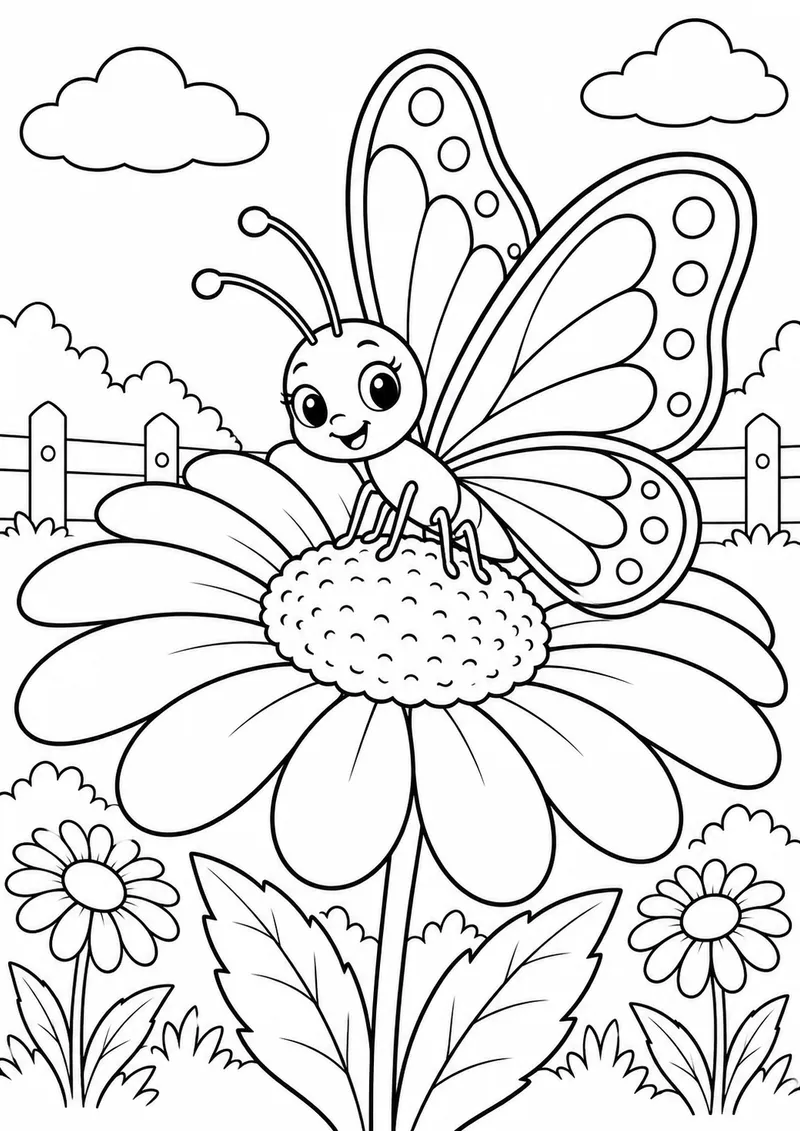Borboleta sobre uma margarida gigante para colorir