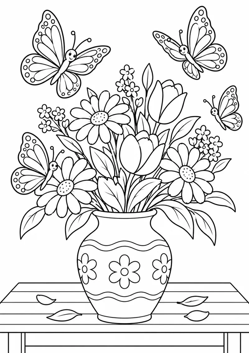 Borboletas sobre um vaso de flores para colorir