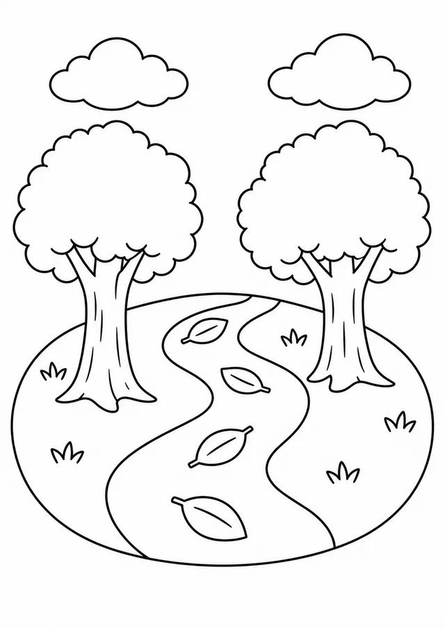 Bosque com caminho de folhas largas para colorir