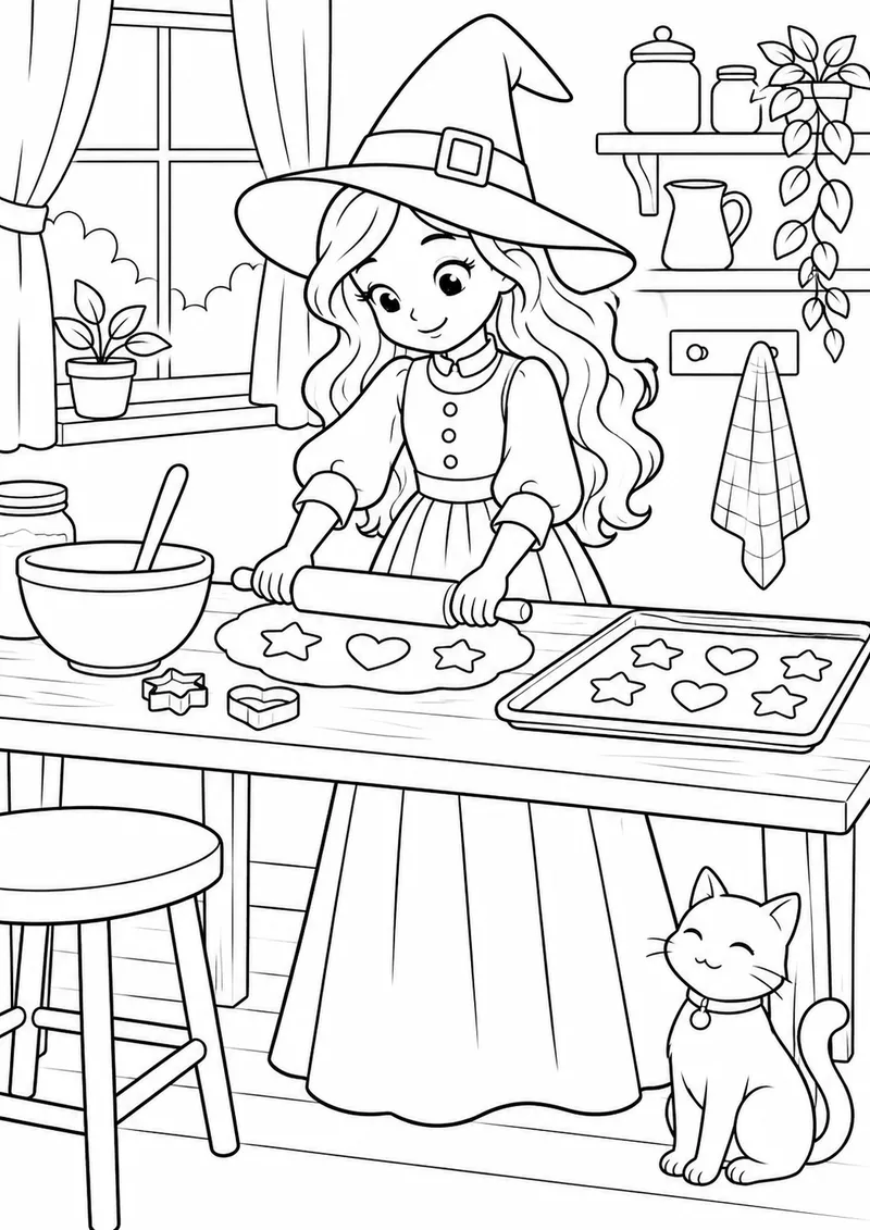 Bruxinha preparando biscoitos para colorir