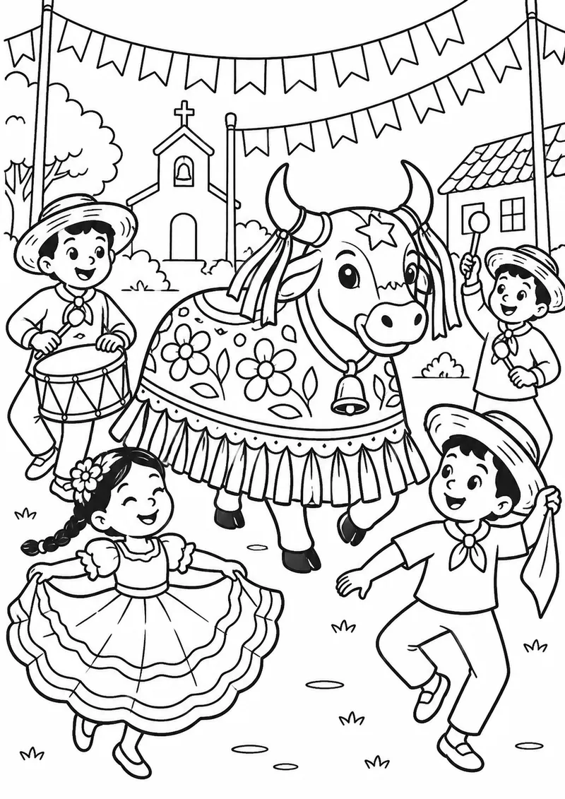 Bumba meu boi em festa com bandeirinhas para colorir