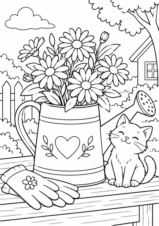 Buquê de margaridas num regador para colorir