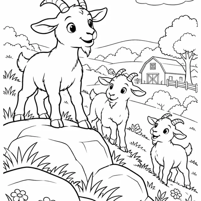 Cabras explorando uma colina da fazenda para colorir