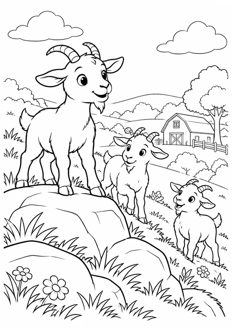 Cabras explorando uma colina da fazenda para colorir