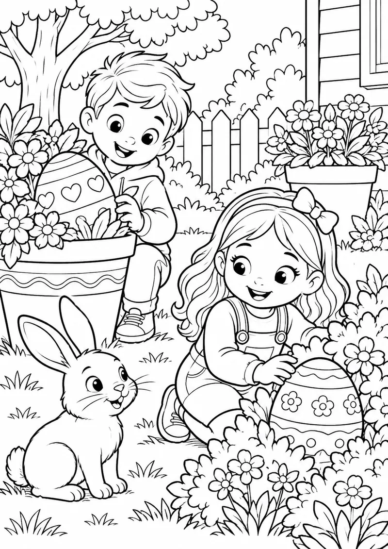 Caça aos ovos no jardim para colorir