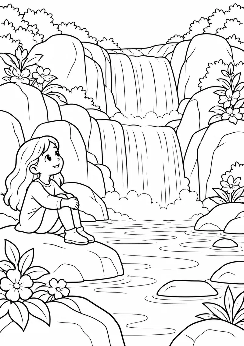 Cachoeira entre pedras e flores para colorir