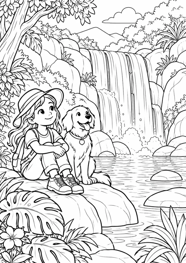 Cachoeira na floresta para colorir