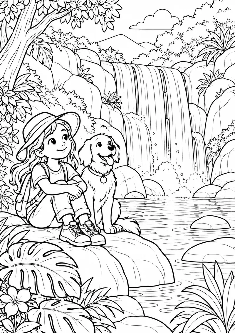 Cachoeira na floresta para colorir
