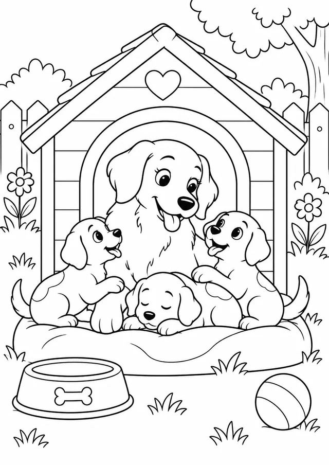 Cachorrinha e filhotes na casinha para colorir