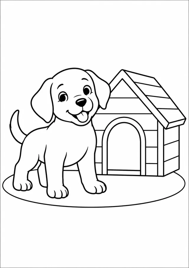 Cachorrinho ao lado de sua casinha para colorir