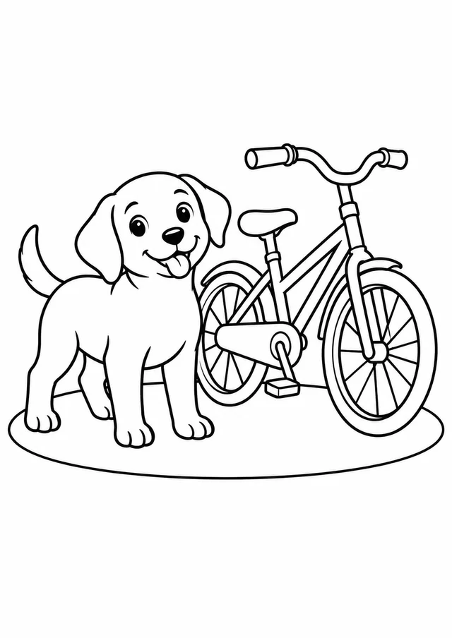 Cachorrinho ao lado de uma bicicleta para colorir
