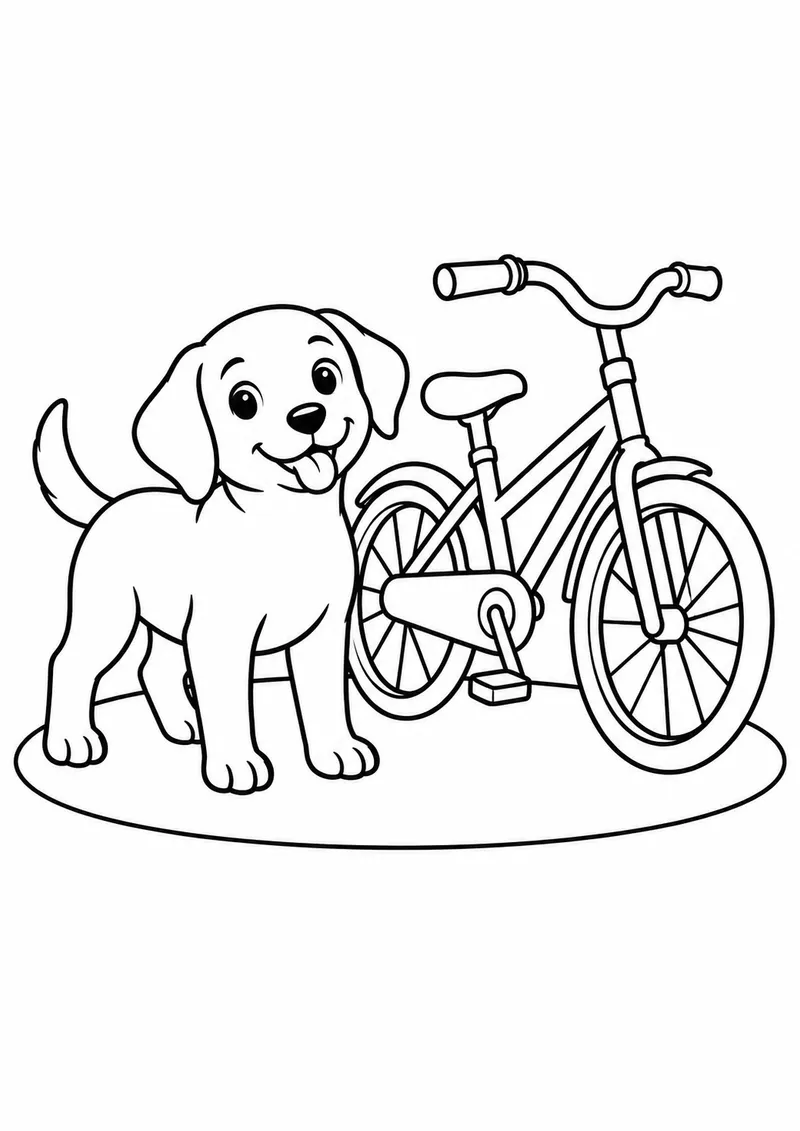 Cachorrinho ao lado de uma bicicleta para colorir