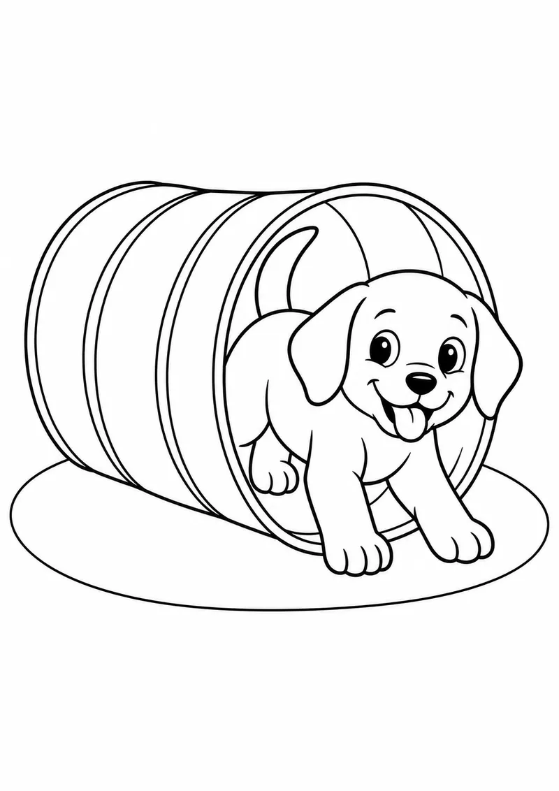 Cachorrinho brincando num túnel para colorir