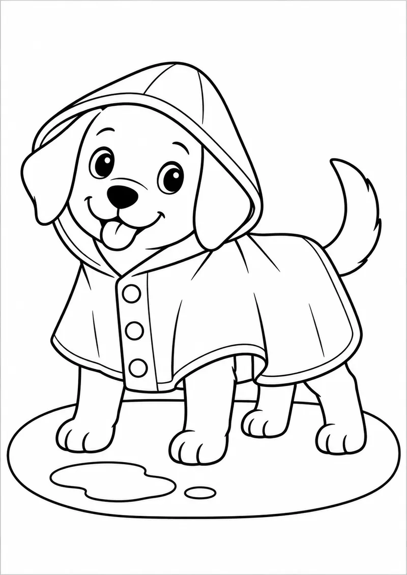 Cachorrinho com capa de chuva para colorir