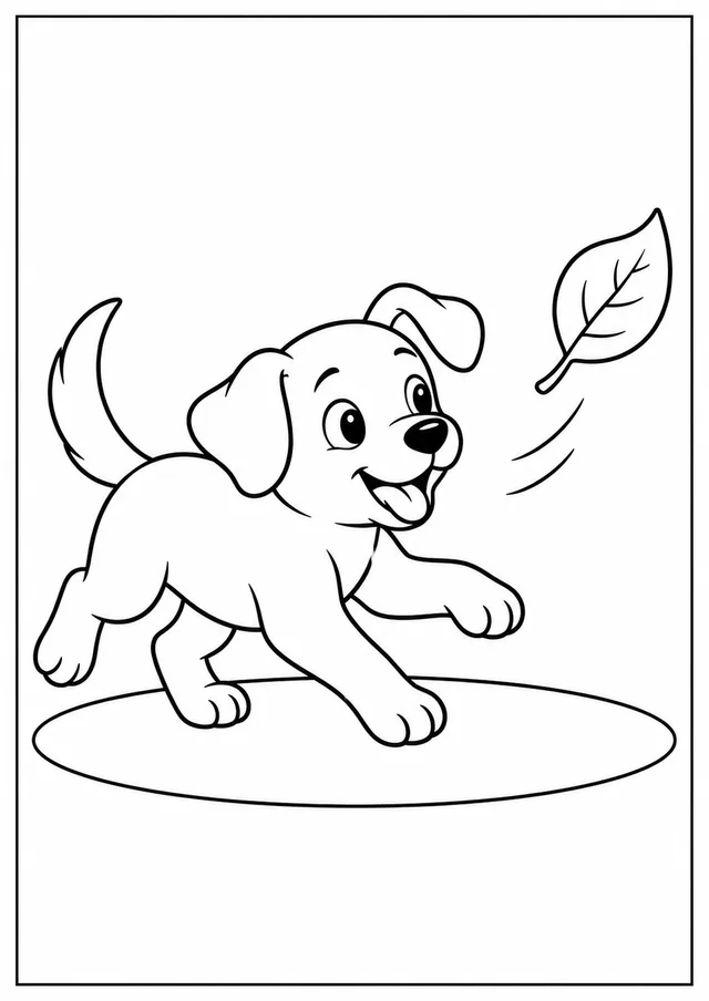 Cachorrinho correndo atrás de uma folha para colorir