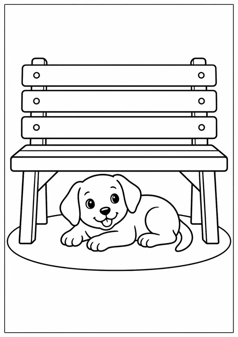Cachorrinho descansando sob um banco para colorir