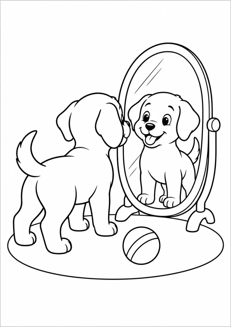 Cachorrinho diante de um espelho para colorir