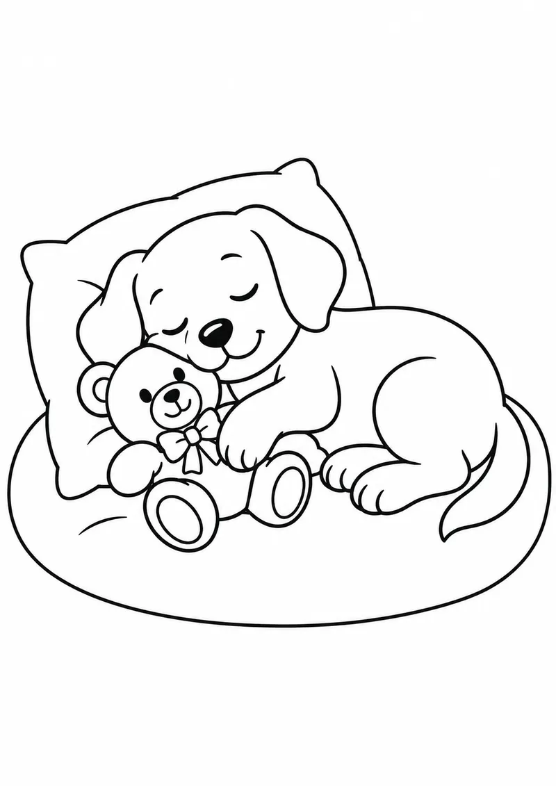 Cachorrinho dormindo com um ursinho para colorir