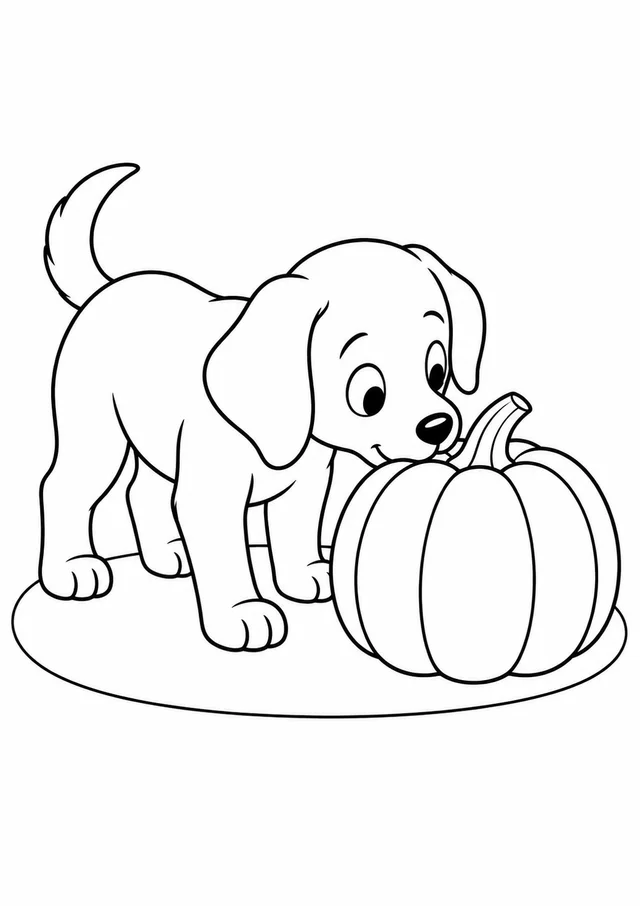 Cachorrinho farejando uma abóbora para colorir