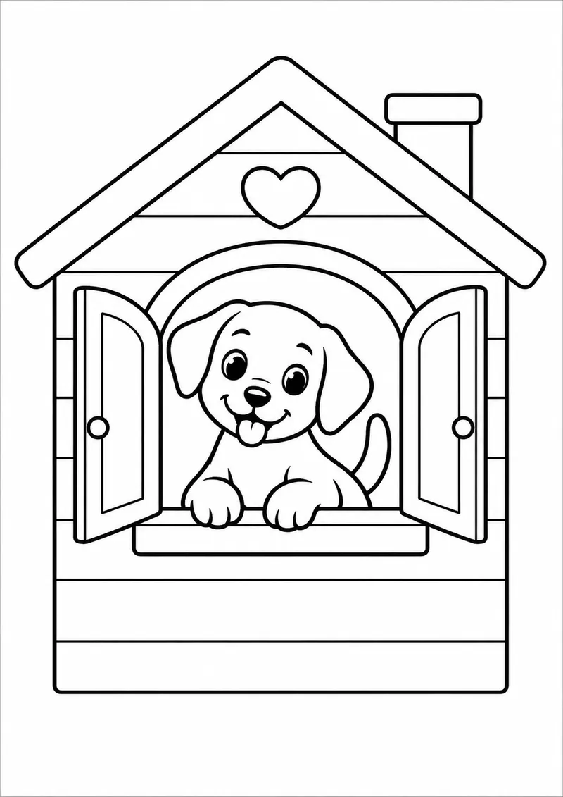 Cachorrinho na janela de uma casinha para colorir