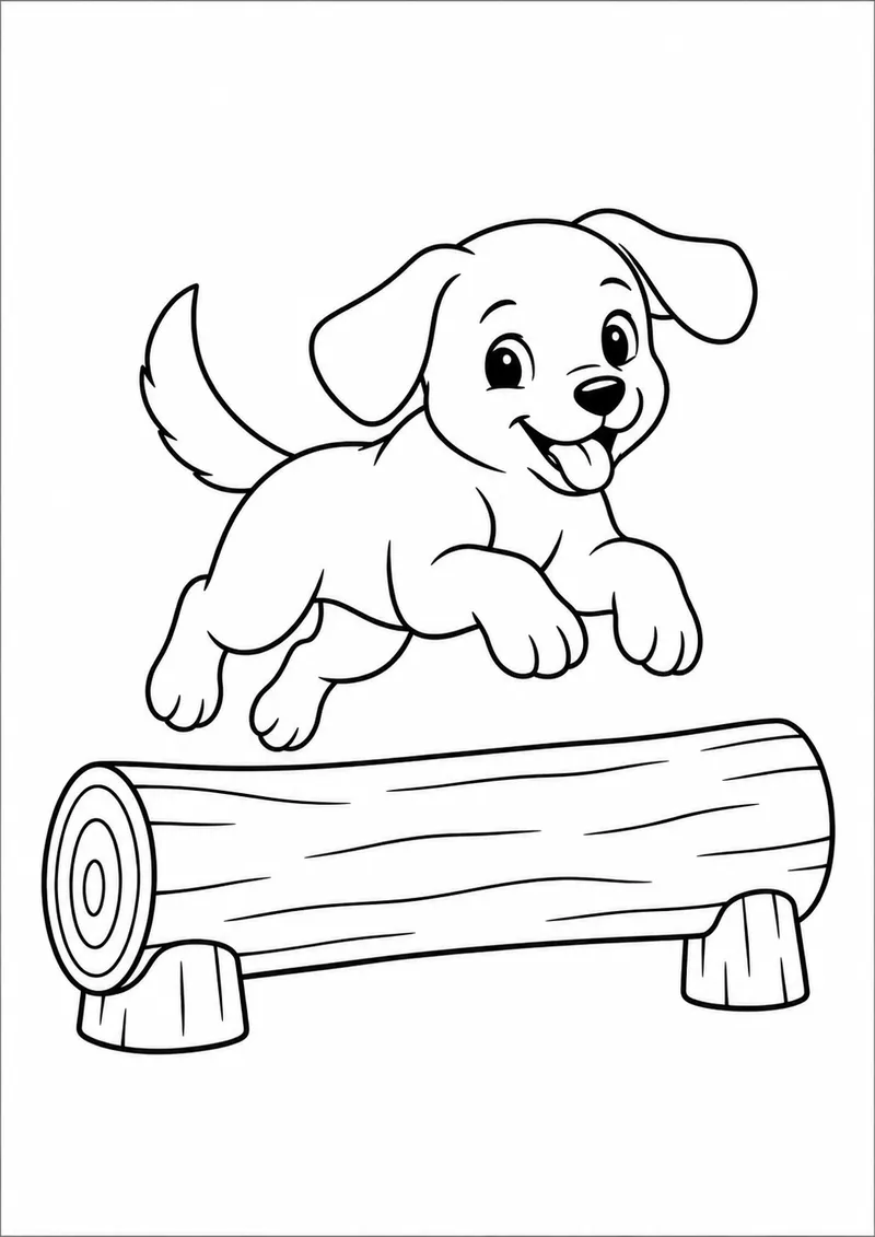 Cachorrinho saltando um tronco baixo para colorir